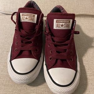 Converse All Stars, Burgundy with plaid tongue. women's size 7